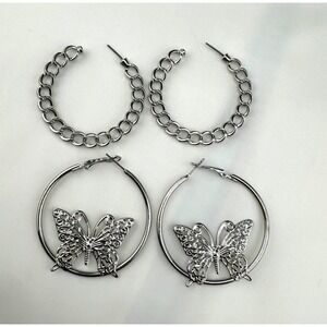 Silver Tone Hoop Earrings Lot‎ Butterfly Chain Link